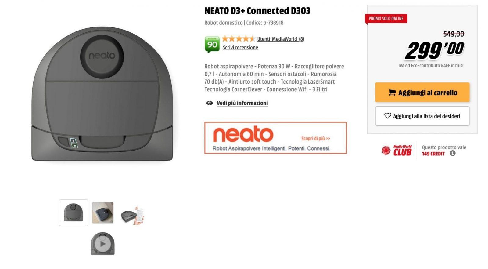 Neato D3+ Connected D303 robot aspirapolvere MediaWorld