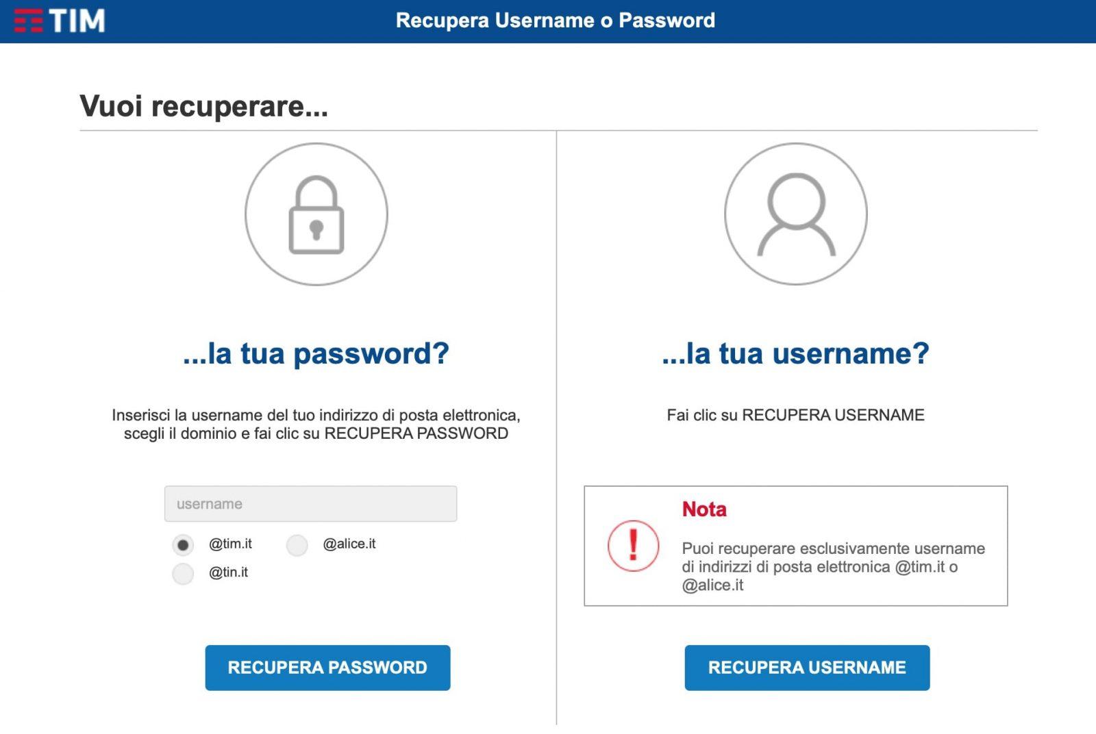Recuperare password username Alice Mail e TIM Mail