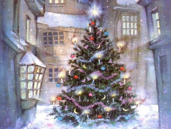 Cartolina antica albero di Natale addobbato in citt%C3%A0