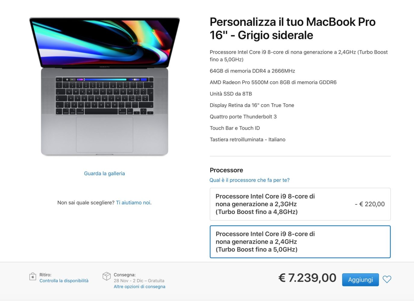 MacBook Pro 16 pollici con specifiche top