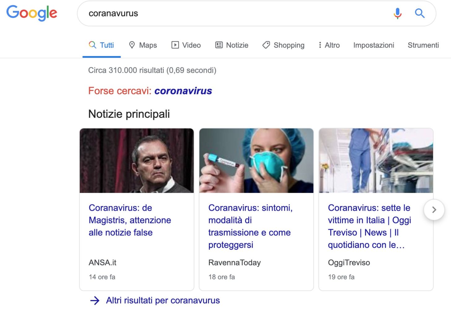 Coranavirus SERP Google