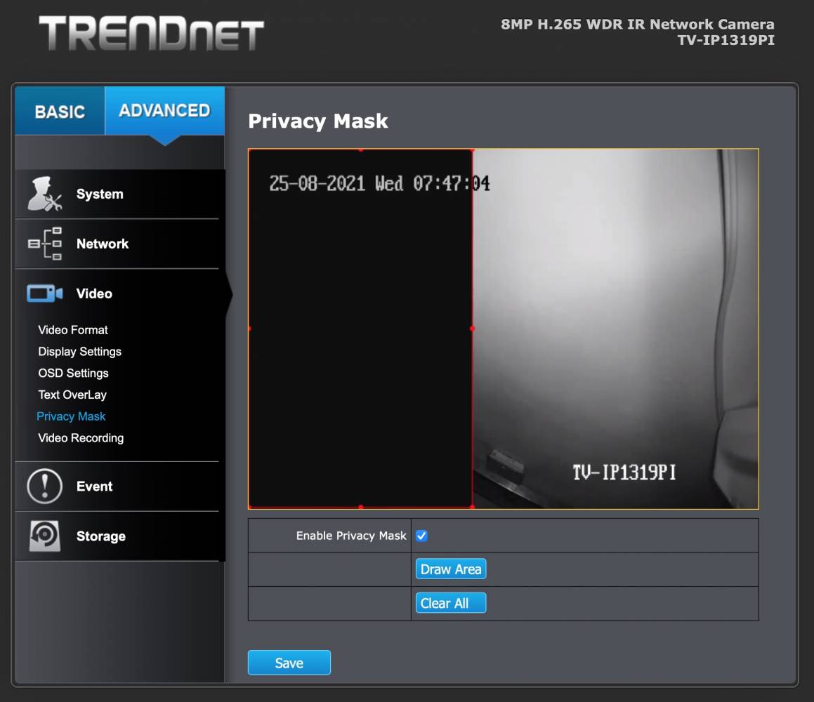 Mascheramento Privacy TRENDnet TV IP1319PI